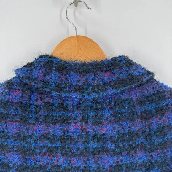 Vintage‎ Womens Blue Purple Plaid Boucle Knit Double Breasted Coat Size Small